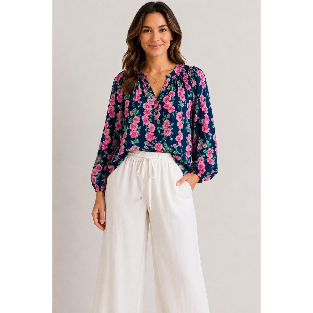 Lilly Pulitzer 100% Silk Floral Blouse XXS Navy Pink Long Sleeve Gold Button Top